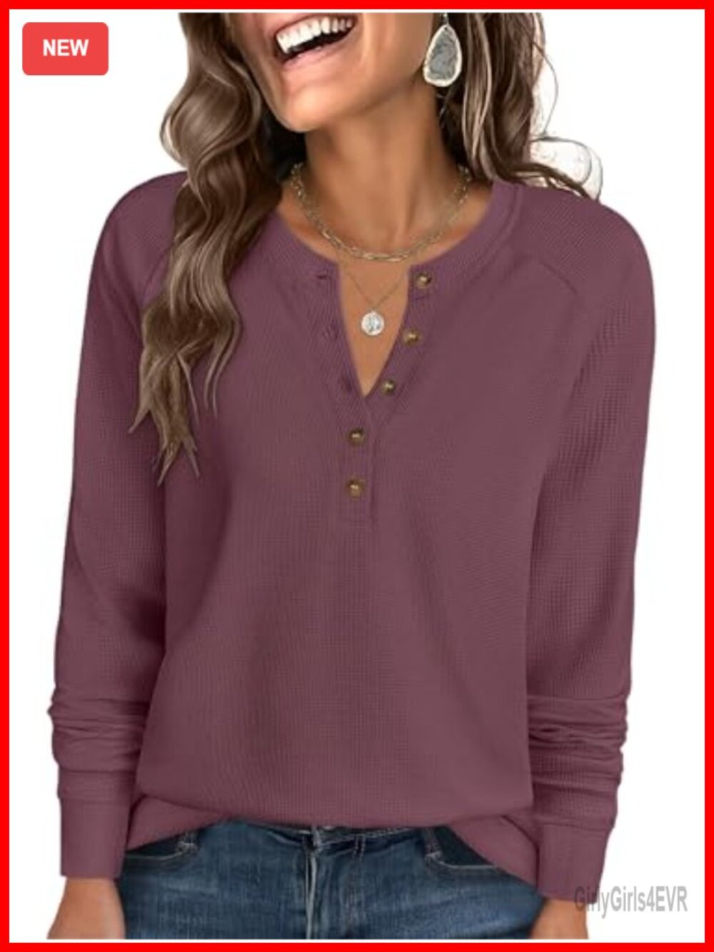 Waffle Knit Henley Top Long Sleeve Button Up V Neck Tunic Blouse